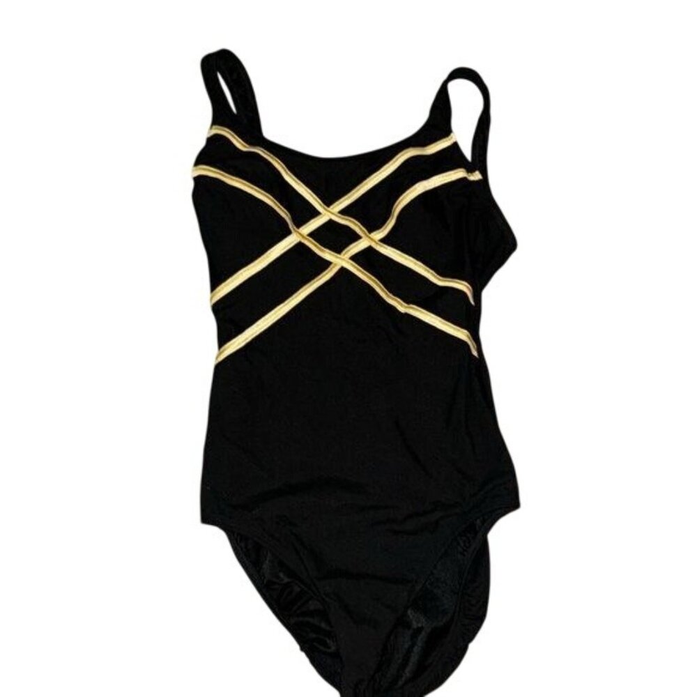 Slim Allure Womens Black & Gold Swimsuit Size 10 Nylon/Spandex Cross Strap Desig